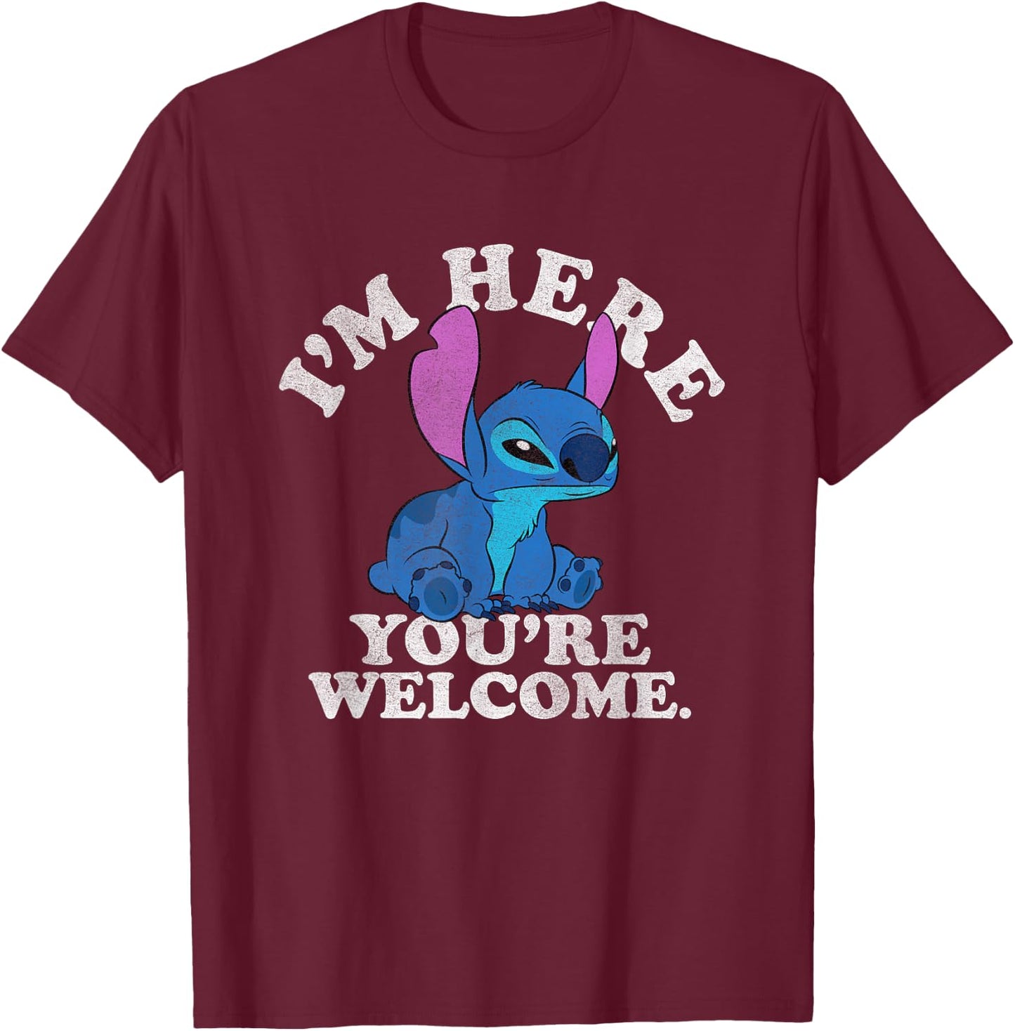 Disney Lilo & Stitch I'm Here You're Welcome T-Shirt - T-Shirt | Maroon