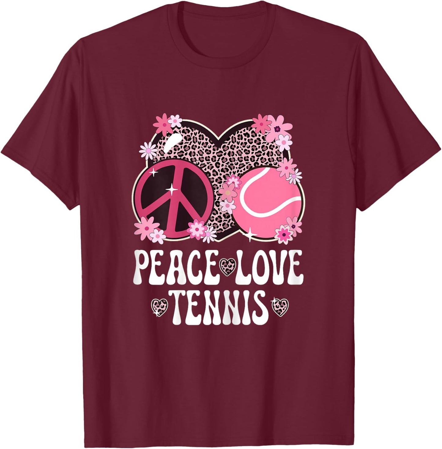 Peace Love Tennis Lover Leopard Print Women Girl Cute Tennis T-Shirt - T-Shirt | Maroon