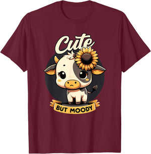 Cute Cow, Cute But Moody, Kids, Farm & Baby Cow Sunflower T-Shirt - T-Shirt | Maroon