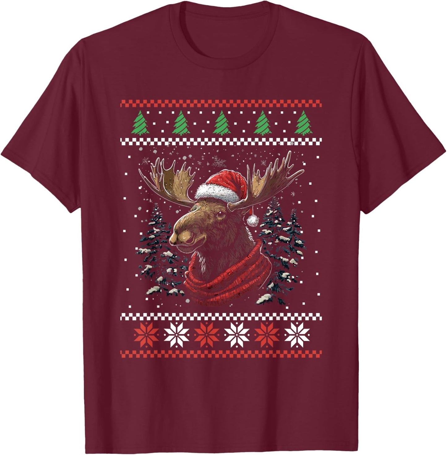 Moose Santa Hat Ugly Christmas Sweater Xmas T-Shirt - T-Shirt | Maroon