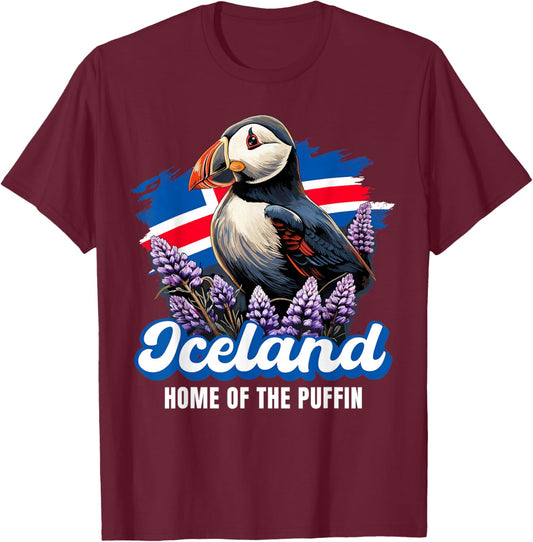 Iceland Iceland Iceland Flag Puffin , black T-Shirt - T-Shirt | Maroon
