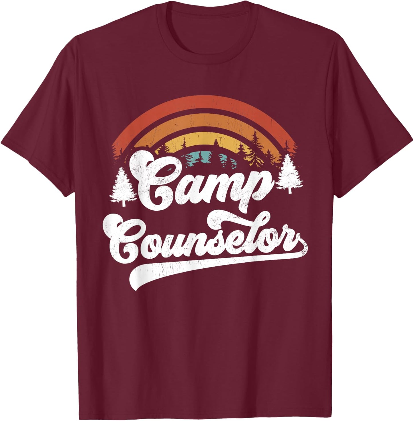 Summer Camp Counselor Staff Groovy Rainbow Camp Counselor T-Shirt - T-Shirt | Maroon