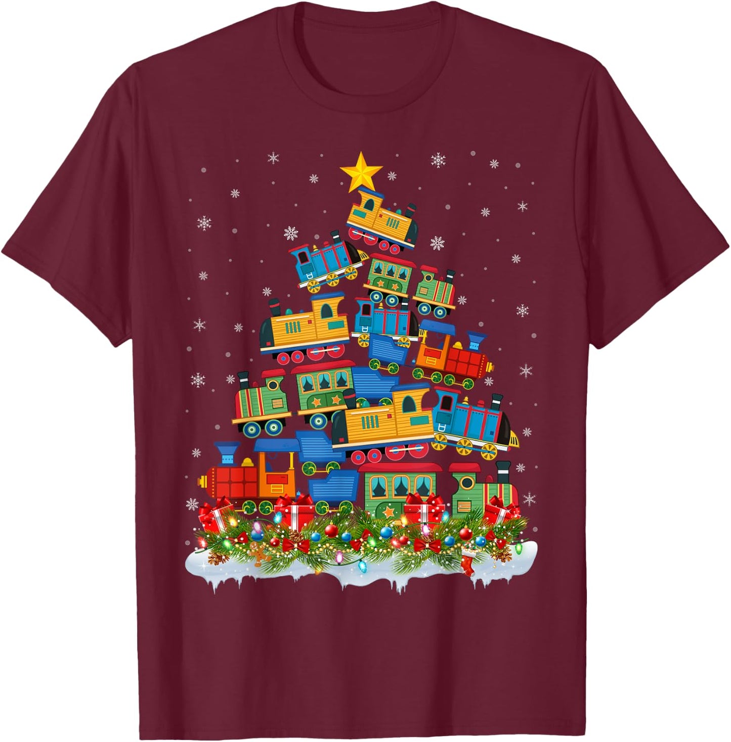 Train Lover Xmas Tree Santa Christmas Train T-Shirt - T-Shirt | Maroon