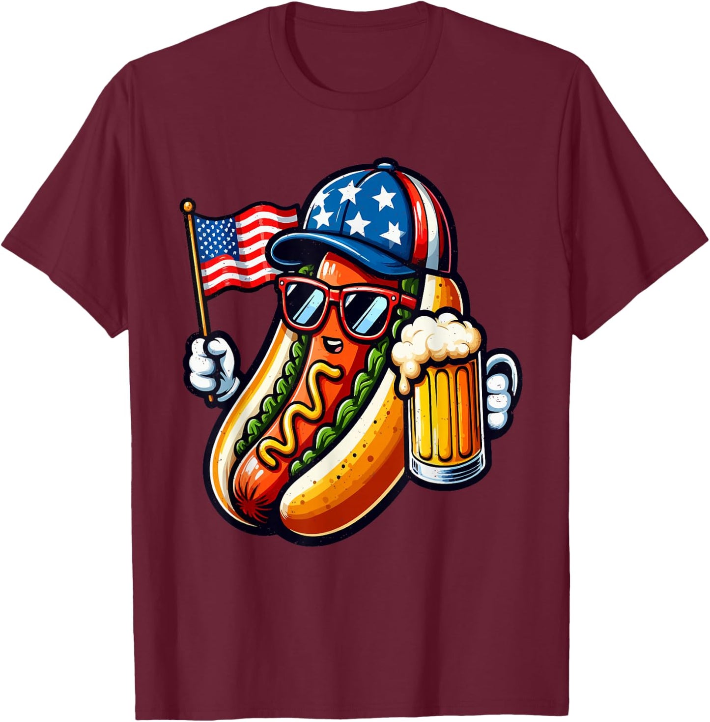 Hotdog American Flag 4th of July Funny Patriotic Sausage T-Shirt - T-Shirt | Maroon