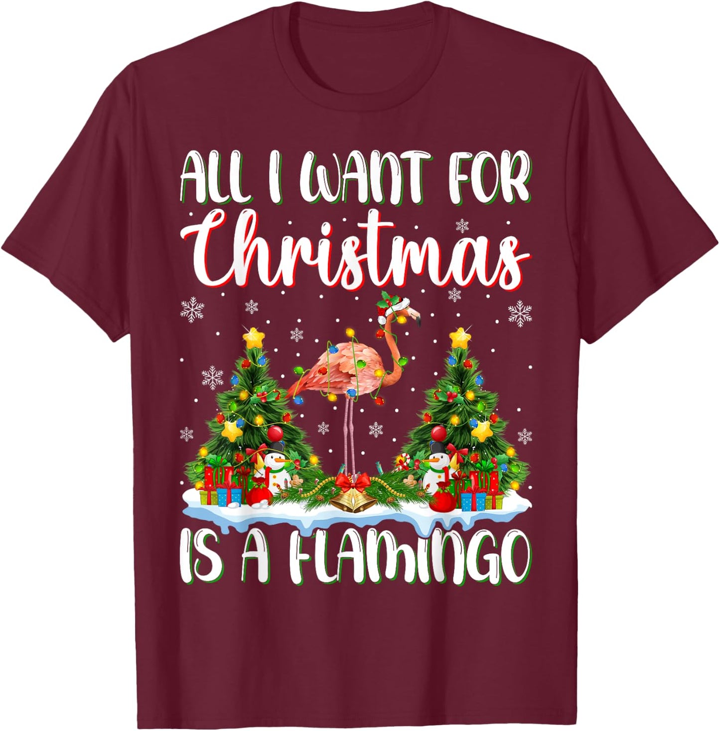 I Want For Christmas Is A Flamingo Bird Xmas Tree Lights T-Shirt - T-Shirt | Maroon