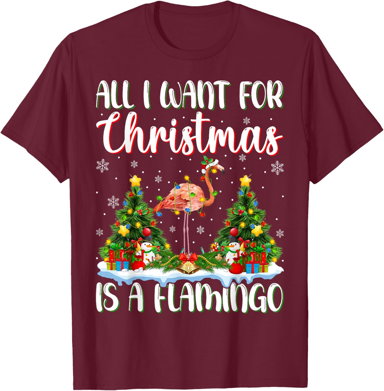 I Want For Christmas Is A Flamingo Bird Xmas Tree Lights T-Shirt - T-Shirt | Maroon