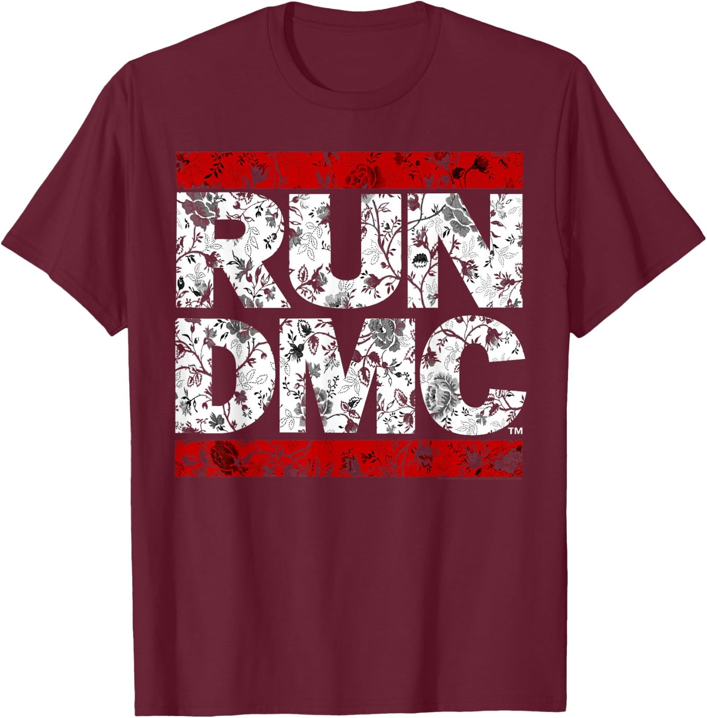 Run DMC Official Floral Red Logo , black T-Shirt - T-Shirt | Maroon