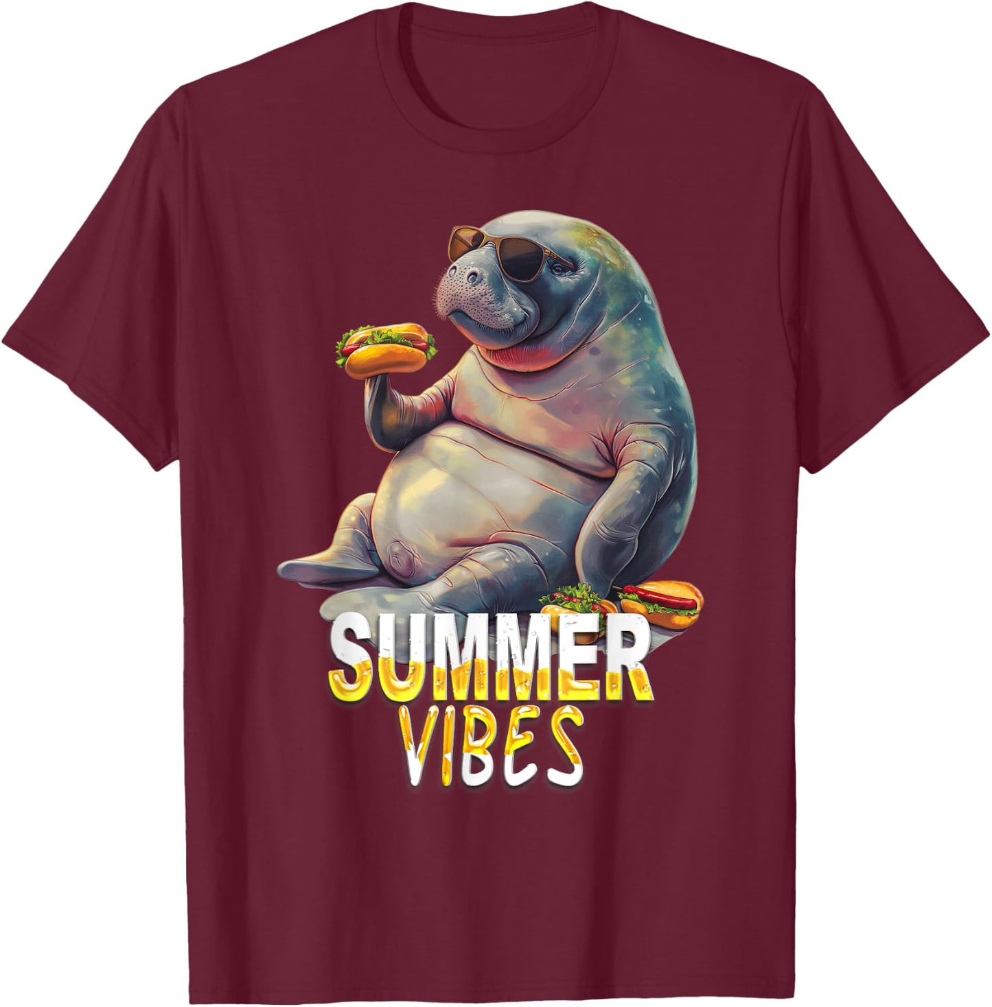 Manatee Eating Hot Dogs - Summer Funny Design T-Shirt - T-Shirt | Maroon