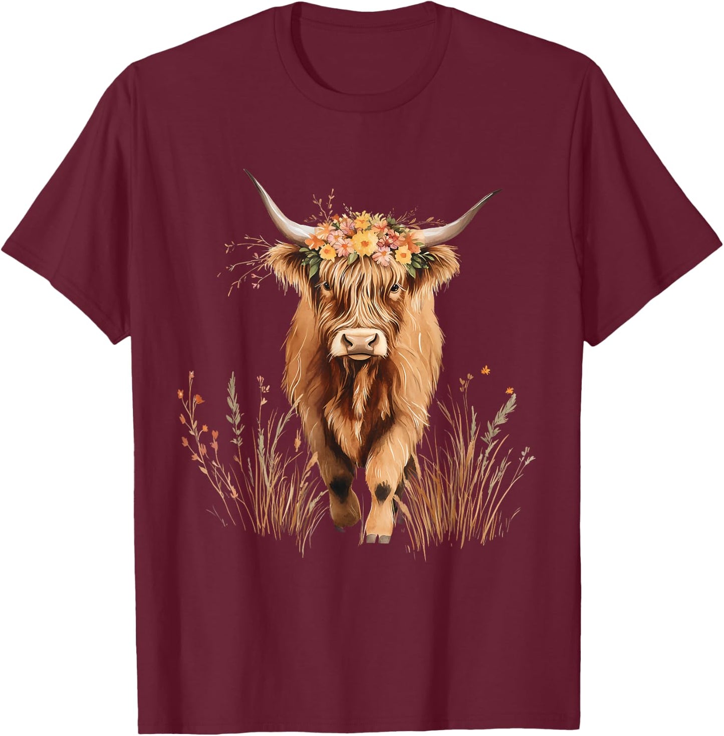 Scottish Highland Cow Messy Bun Scottish Highlander Cow T-Shirt - T-Shirt | Maroon