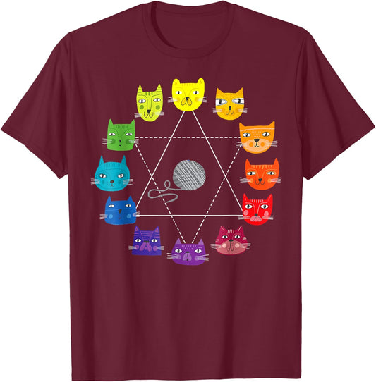 Cat Themed Artist Color Wheel Educational Art Teacher Small T-Shirt - T-Shirt | Maroon