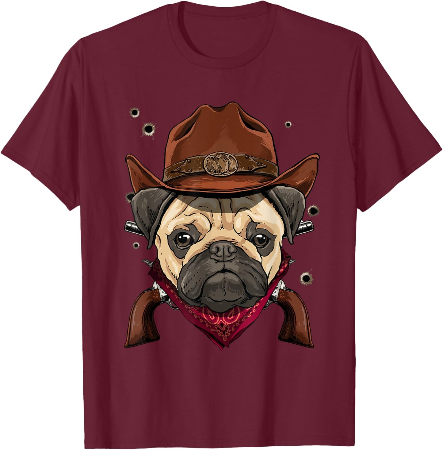 Cowboy Pug Western Rodeo Cowboy Hat and Bandana Dog T-Shirt - T-Shirt | Maroon