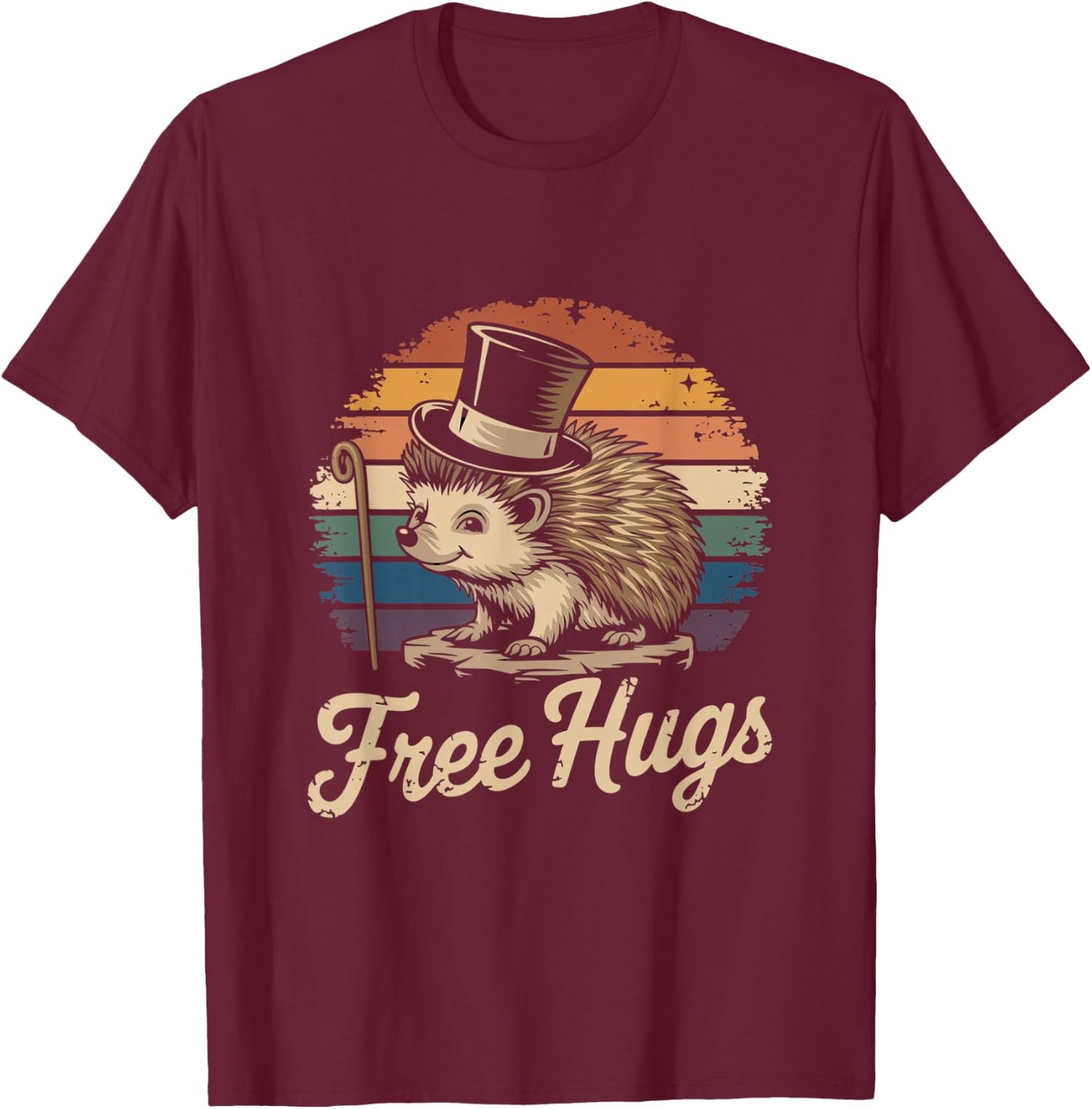 Retro Free Hugs Funny Hedgehog Hedge Hog Funny Free Dad Hugs T-Shirt - T-Shirt | Maroon