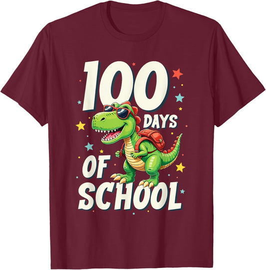 Trex Dino Kids Toddler Boys 100 Days Of School Dinosaur T-Shirt - T-Shirt | Maroon