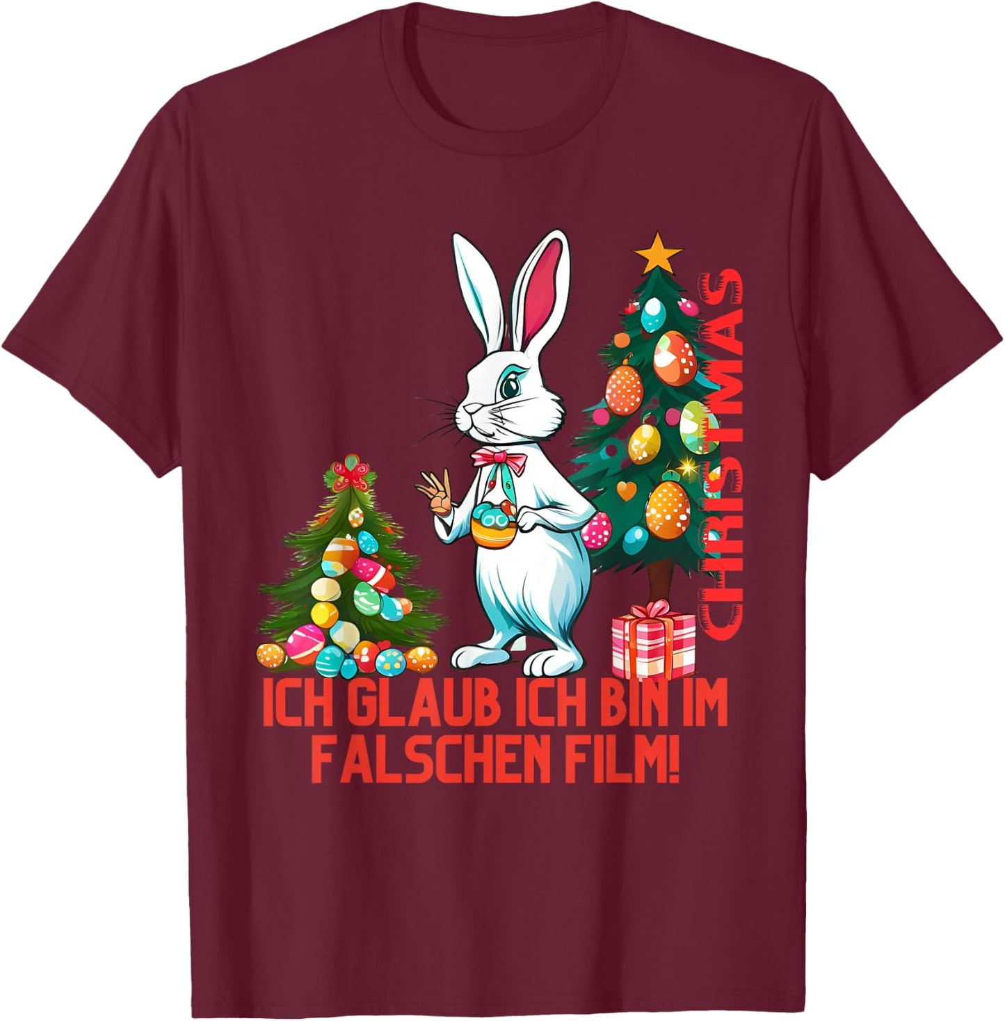 Easter Bunny on Christmas Tree Merry Christmas , black T-Shirt - T-Shirt | Maroon