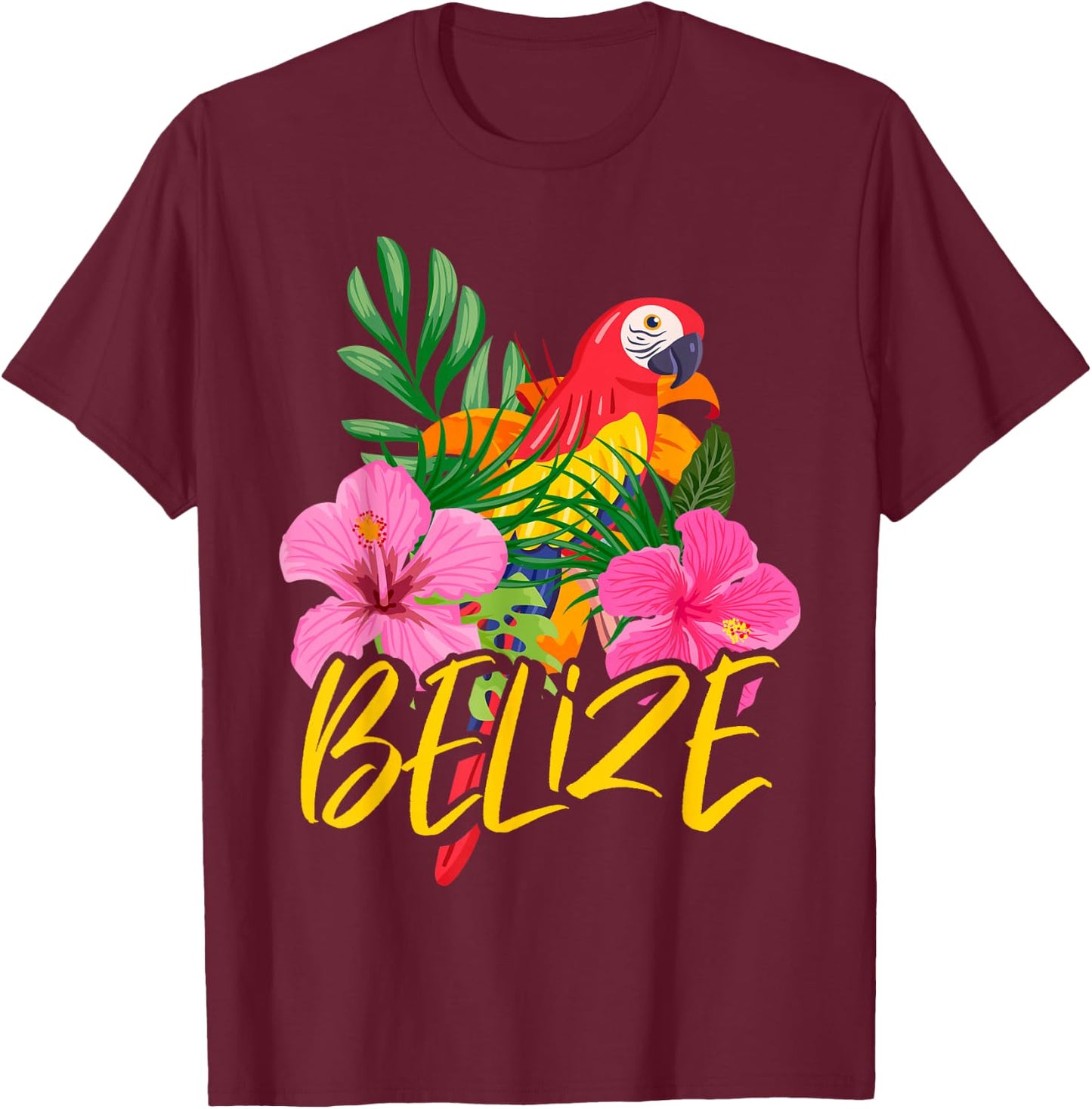 Belize Souvenir Macaw Parrot Hibiscus Flowers T-Shirt - T-Shirt | Maroon