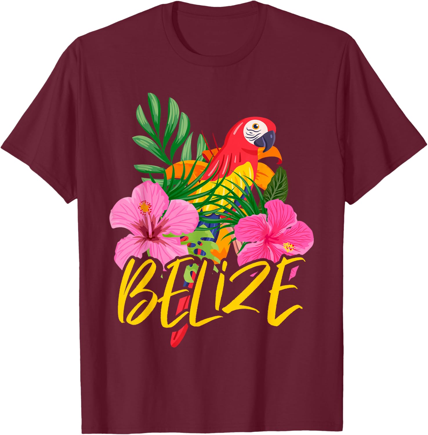 Belize Souvenir Macaw Parrot Hibiscus Flowers T-Shirt - T-Shirt | Maroon