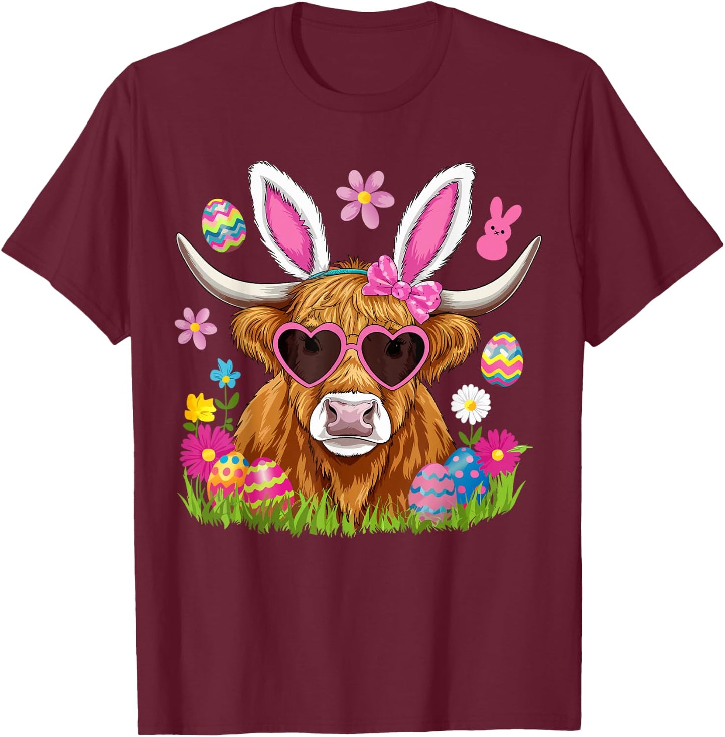 Easter Day Highland Cow Cute Easter Bunny Farmer Women Kids T-Shirt - T-Shirt | Maroon