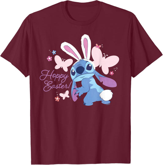 Disney Lilo & Stitch Hoppy Easter Bunny and Butterflies , black T-Shirt - T-Shirt | Maroon