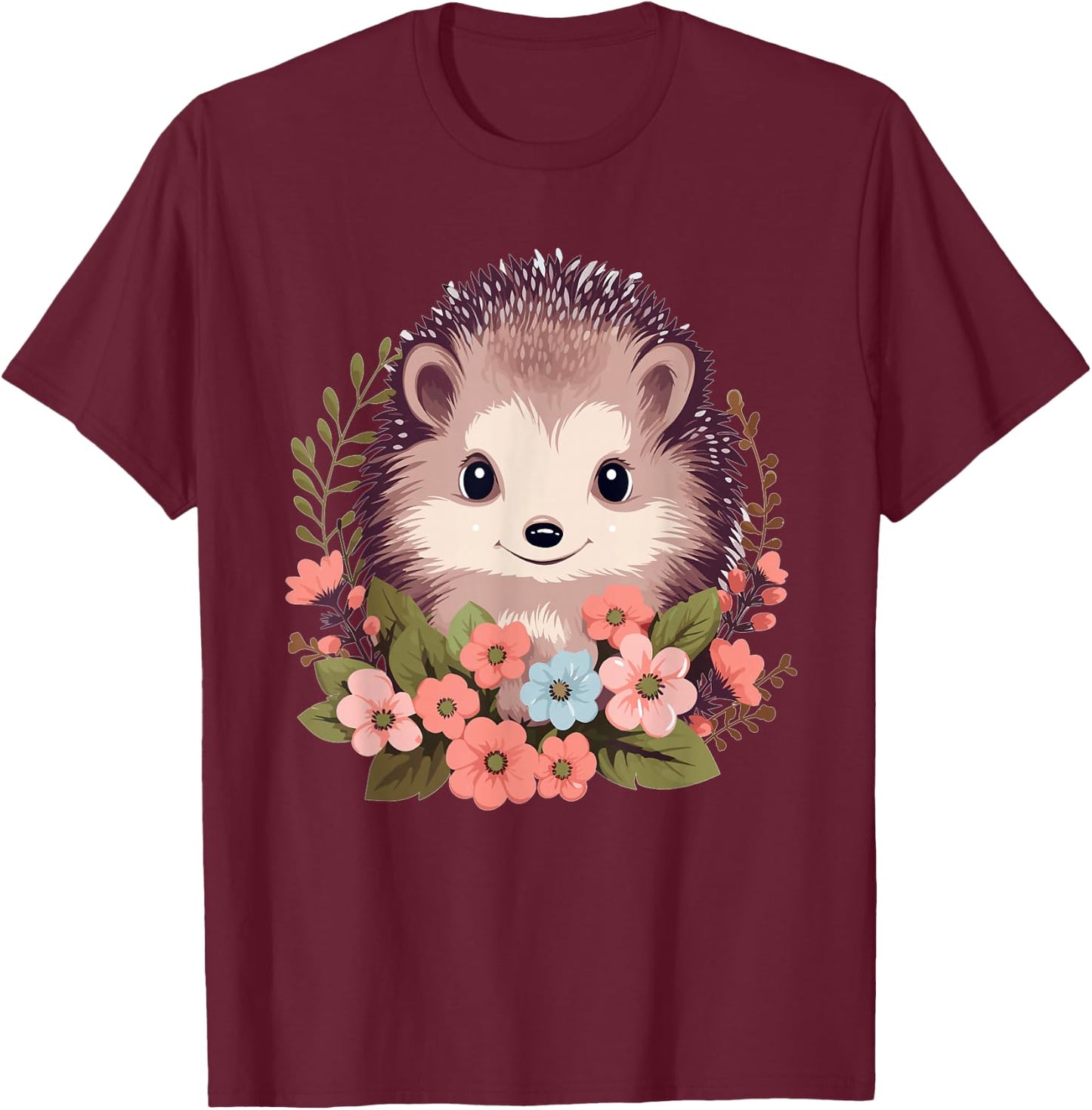 Cute Hedgehog with Flowers I Hedgehog T-Shirt - T-Shirt | Maroon