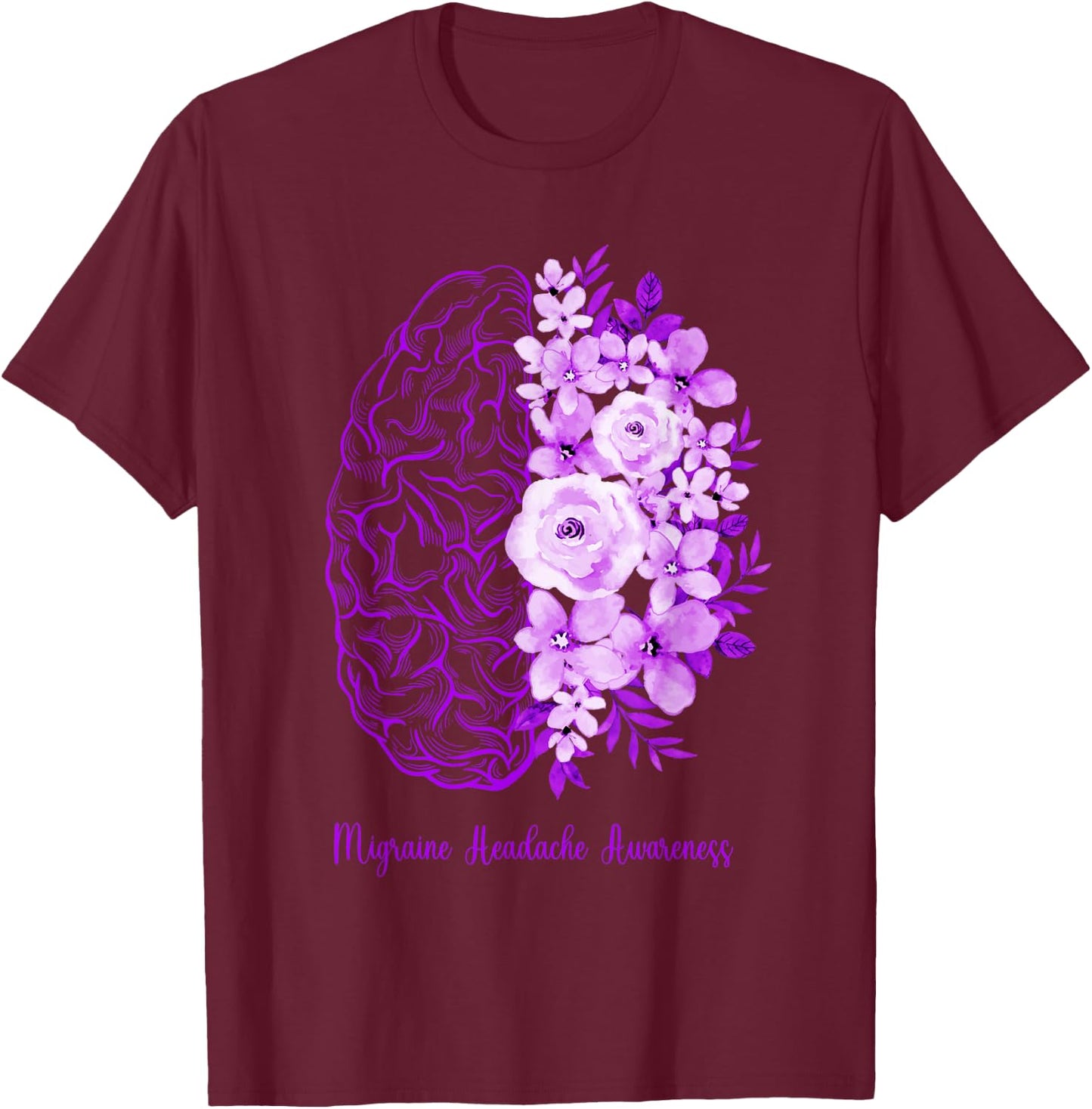 Migraine Headache Awareness Brain Flower Purple Ribbon T-Shirt - T-Shirt | Maroon