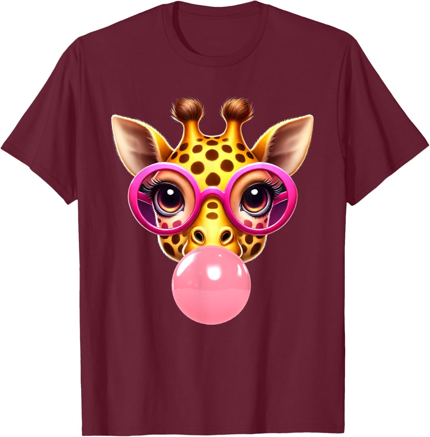 Funny Giraffe Pink Glasses Blowing Bubble Gum Animal Lovers T-Shirt - T-Shirt | Maroon