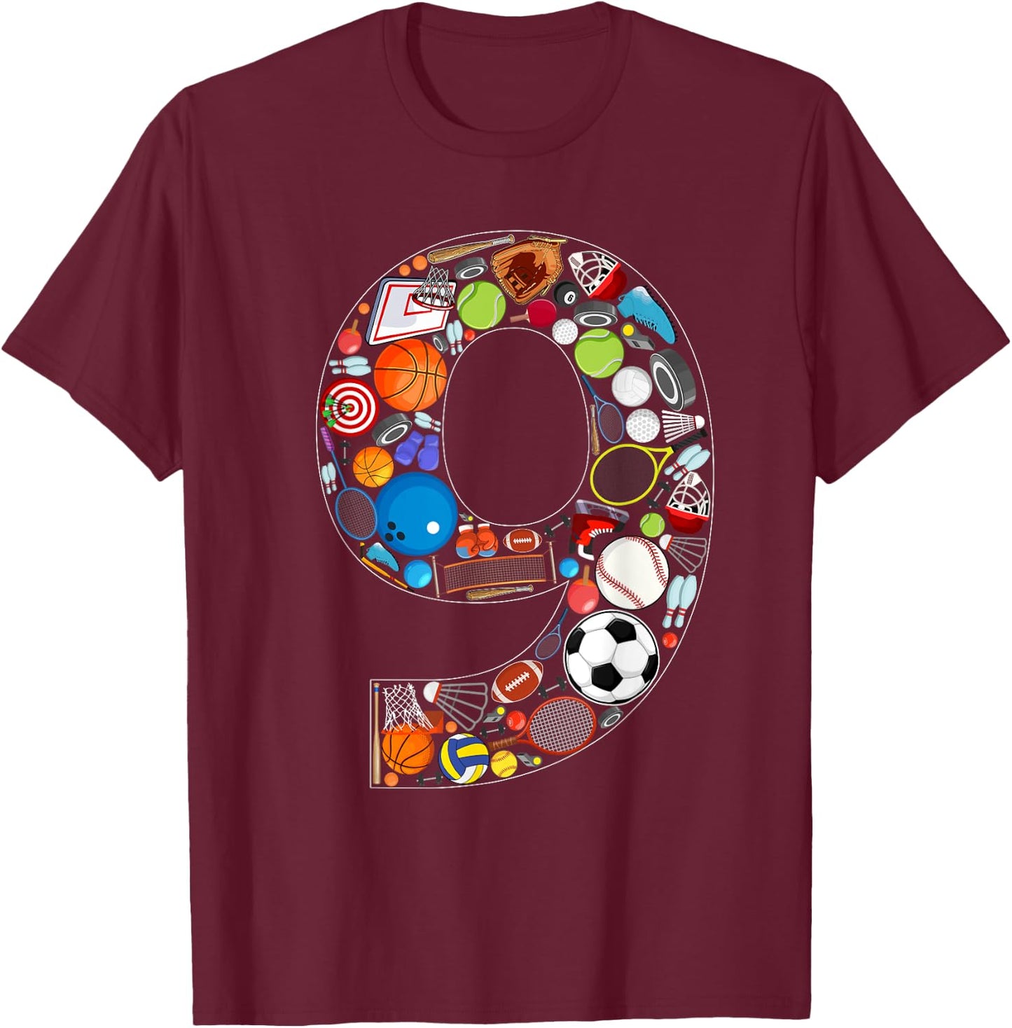 9th Birthday Sports Themed 9 Year Old Party Kids T-Shirt - T-Shirt | Maroon