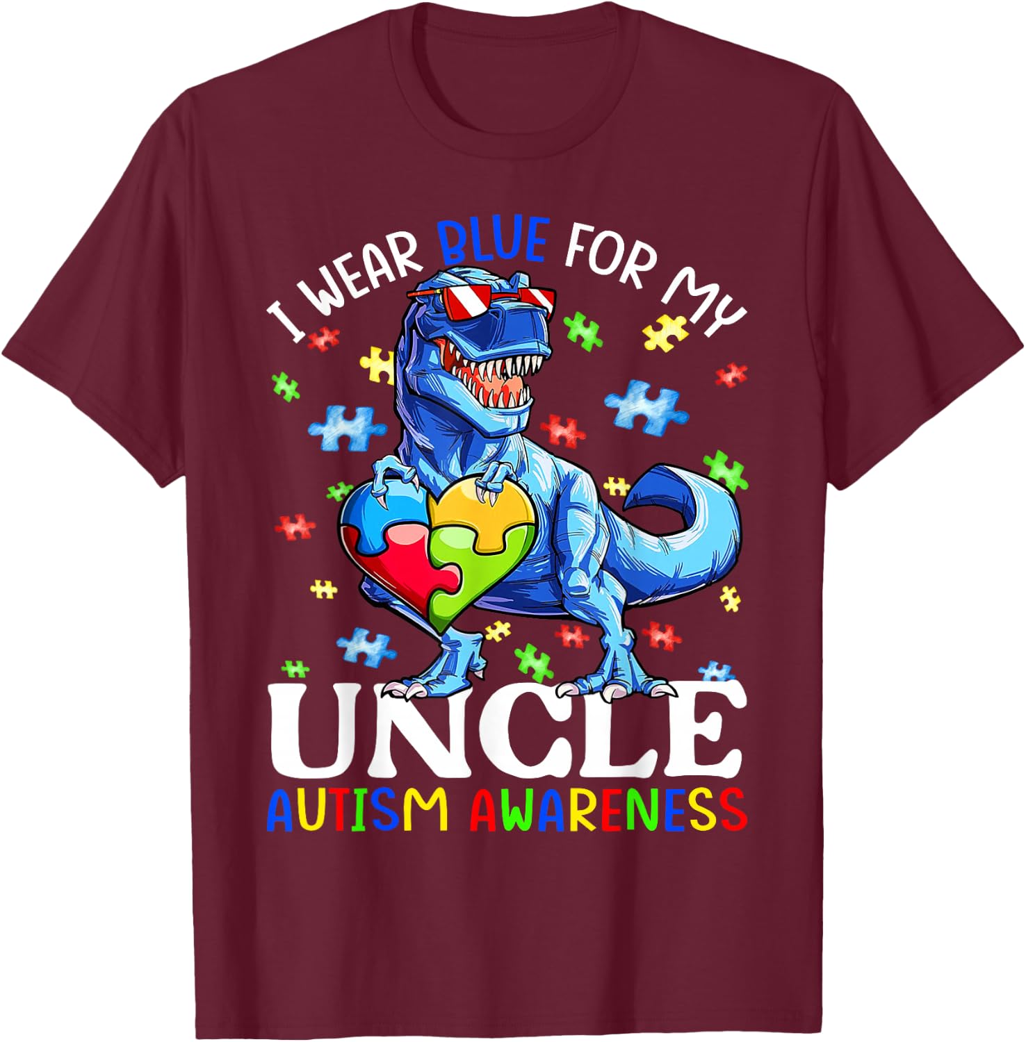 I Wear Blue For My Uncle Autism Awareness Dinosaur Boys T-Shirt - T-Shirt | Maroon