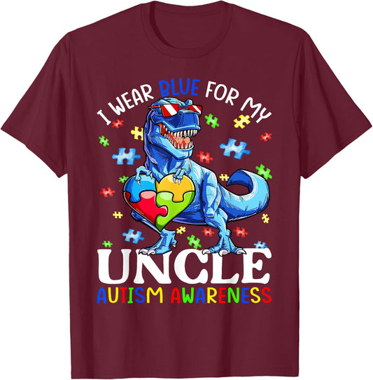 I Wear Blue For My Uncle Autism Awareness Dinosaur Boys T-Shirt - T-Shirt | Maroon