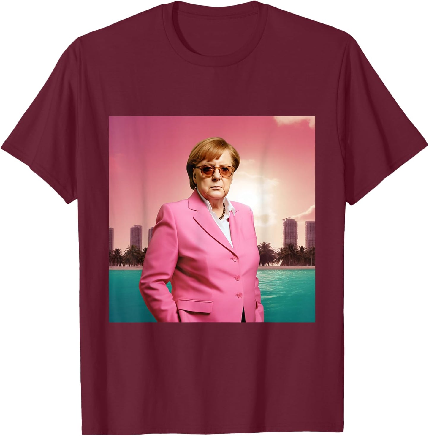 Angela Merkel Wearing Pink Suit in Miami, Digital Art , black T-Shirt - T-Shirt | Maroon