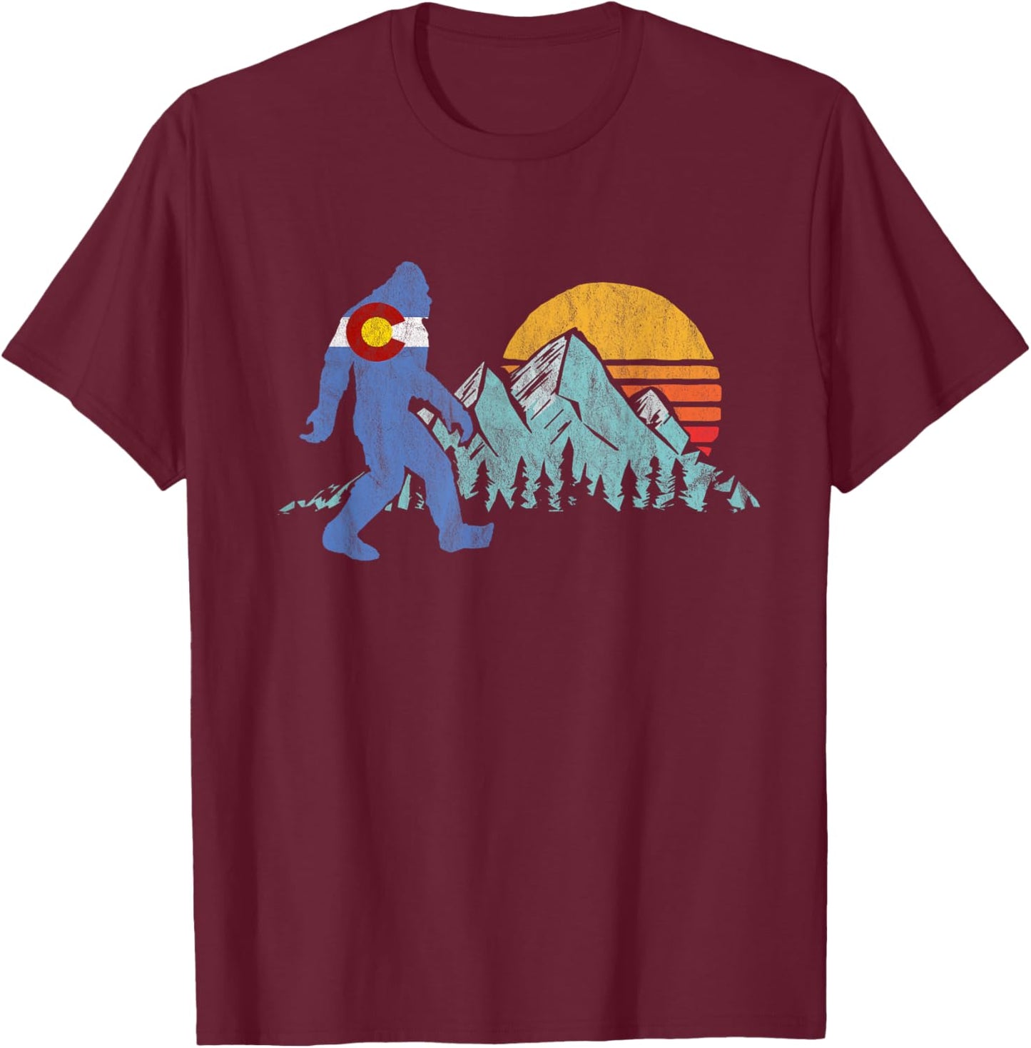 Retro Bigfoot Sun & Mountain State Flag of Colorado Graphic T-Shirt - T-Shirt | Maroon