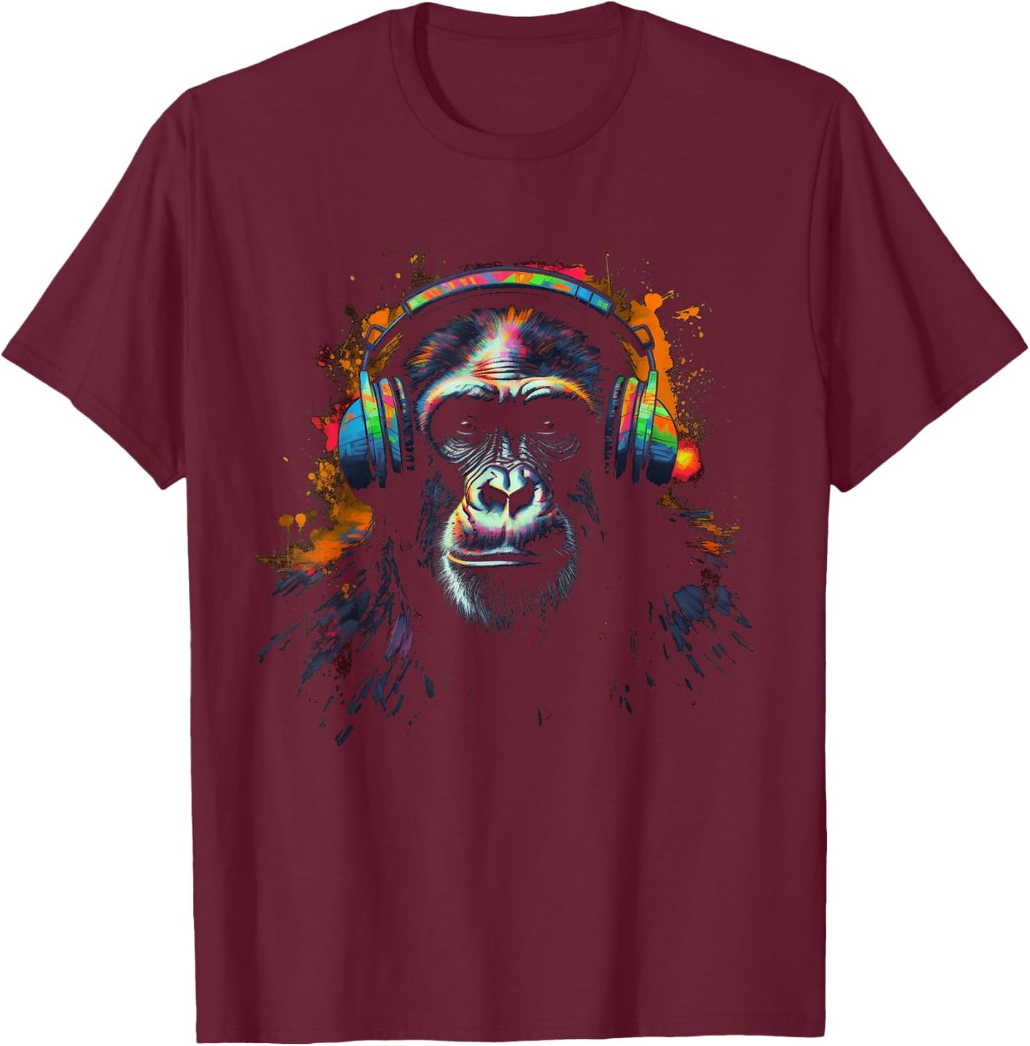 Monkey Music Headphones Colourful Animal Motif Zoo Animal Art Monkey T-Shirt - T-Shirt | Maroon