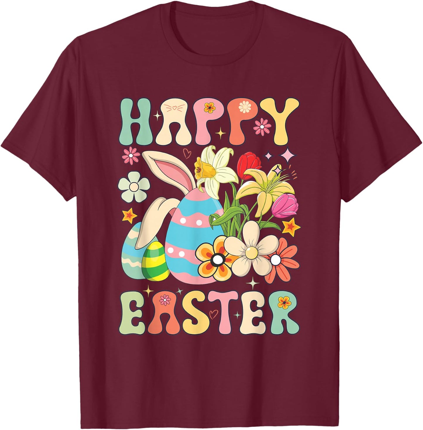 Happy Easter Bunny Rabbit Eggs Groovy Matching Easter Day T-Shirt - T-Shirt | Maroon