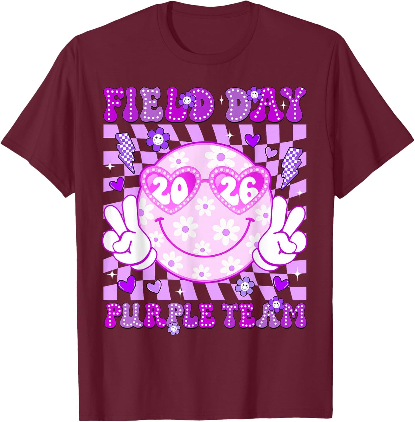 Field Day Purple Team 2026 Smile Face Sunglasses Kid Teacher T-Shirt - T-Shirt | Maroon