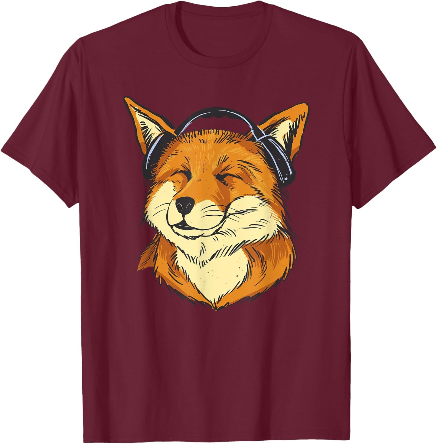 with Headphones Fox with Headphones Happy Fox Listens to Music, black T-Shirt - T-Shirt | Maroon