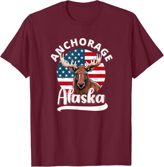 Anchorage Alaska Moose Viewing Alaskan Flag Hunting Souvenir T-Shirt - T-Shirt | Maroon