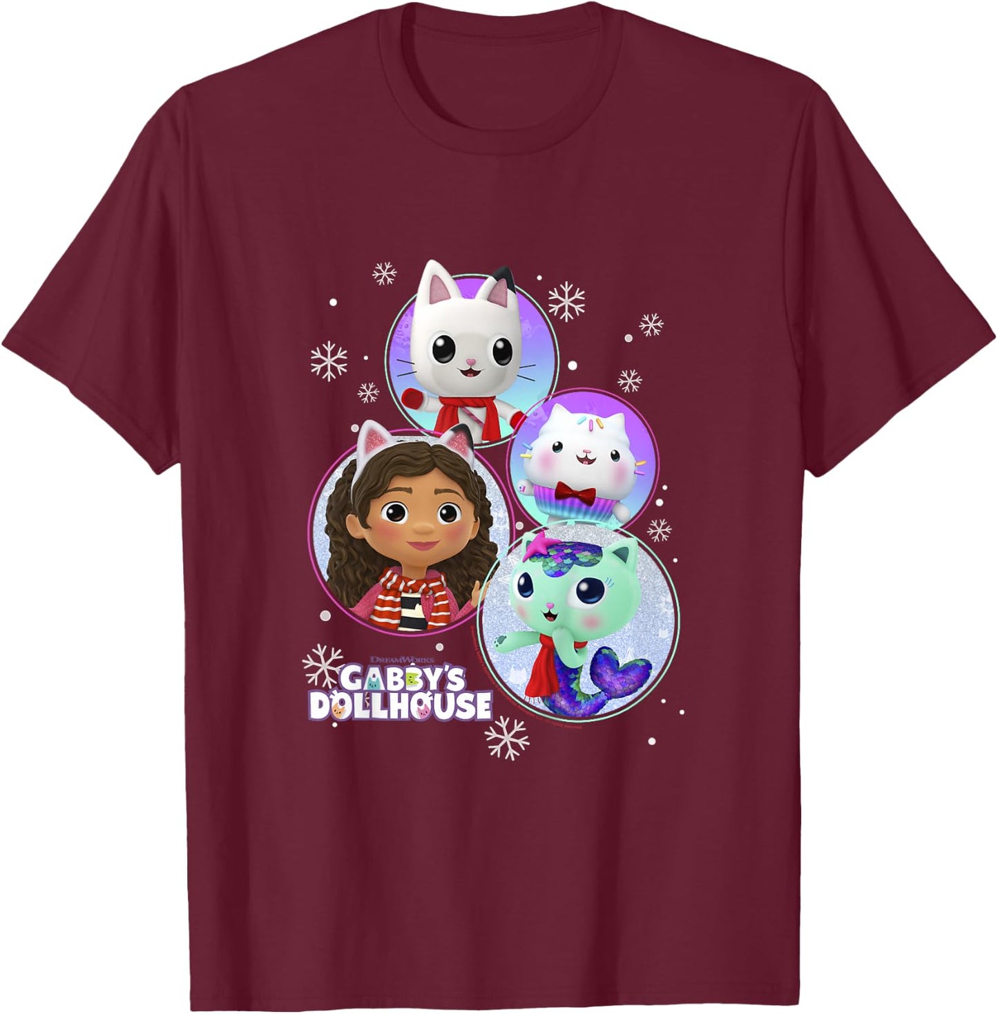 Kids Gabby's Dollhouse Group Christmas Character Snowflake Panels T-Shirt - T-Shirt | Maroon