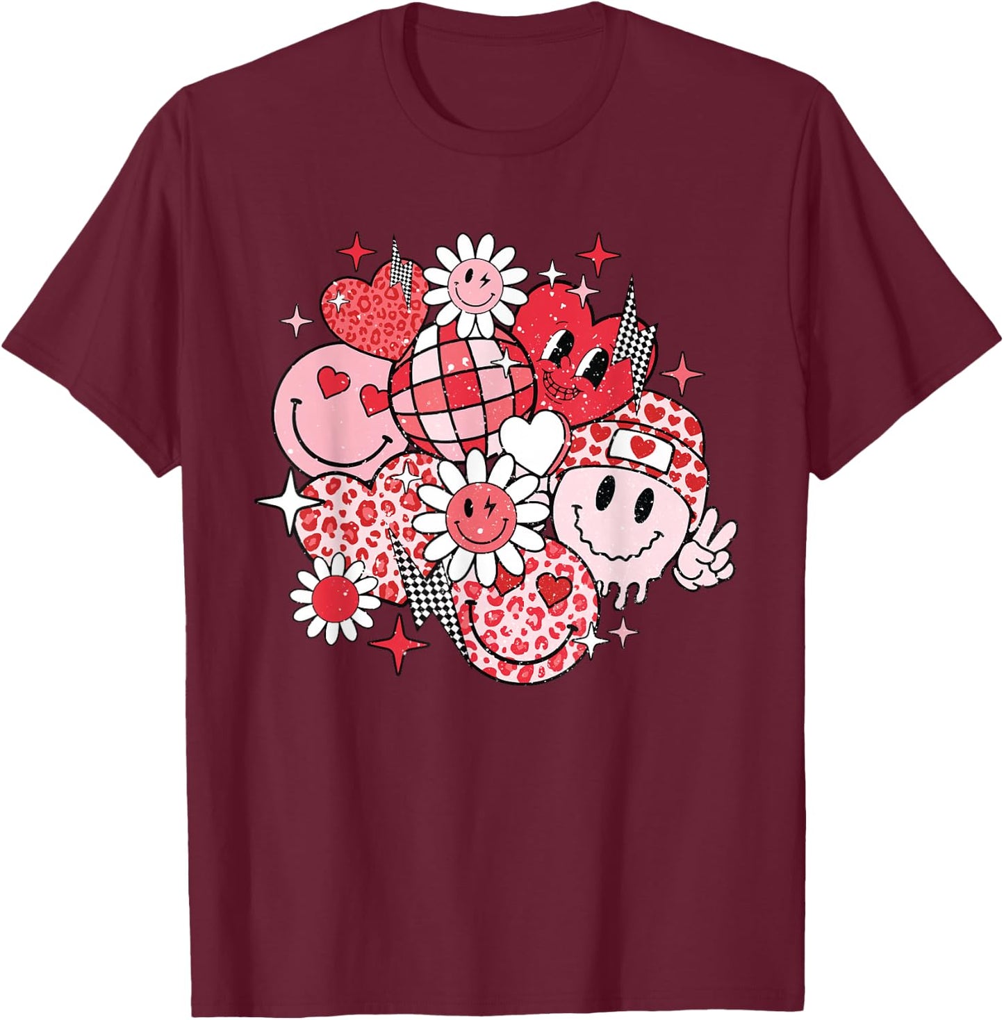 Smile Face Valentines Day Vibes Leopard Flower Groovy Retro T-Shirt - T-Shirt | Maroon