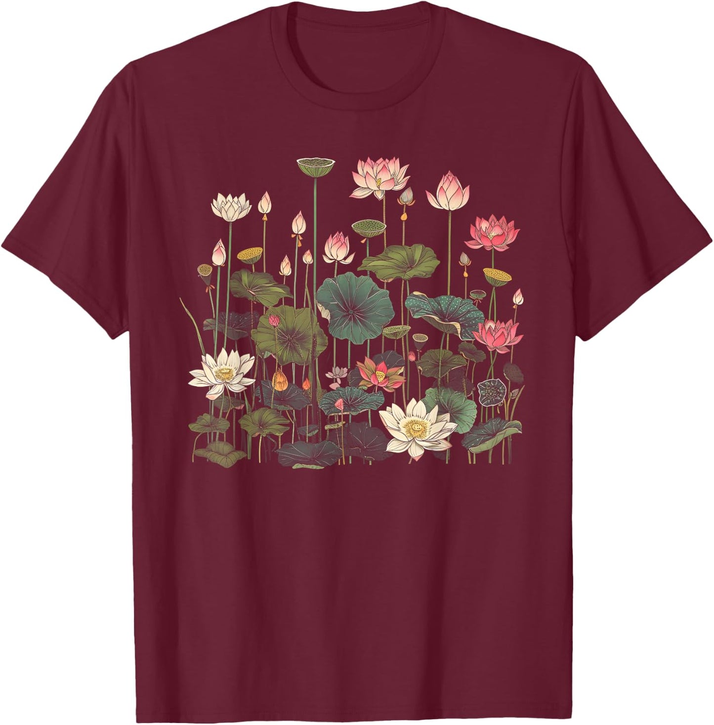 Vintage Botanical Lotus Flower Girl T-Shirt - T-Shirt | Maroon