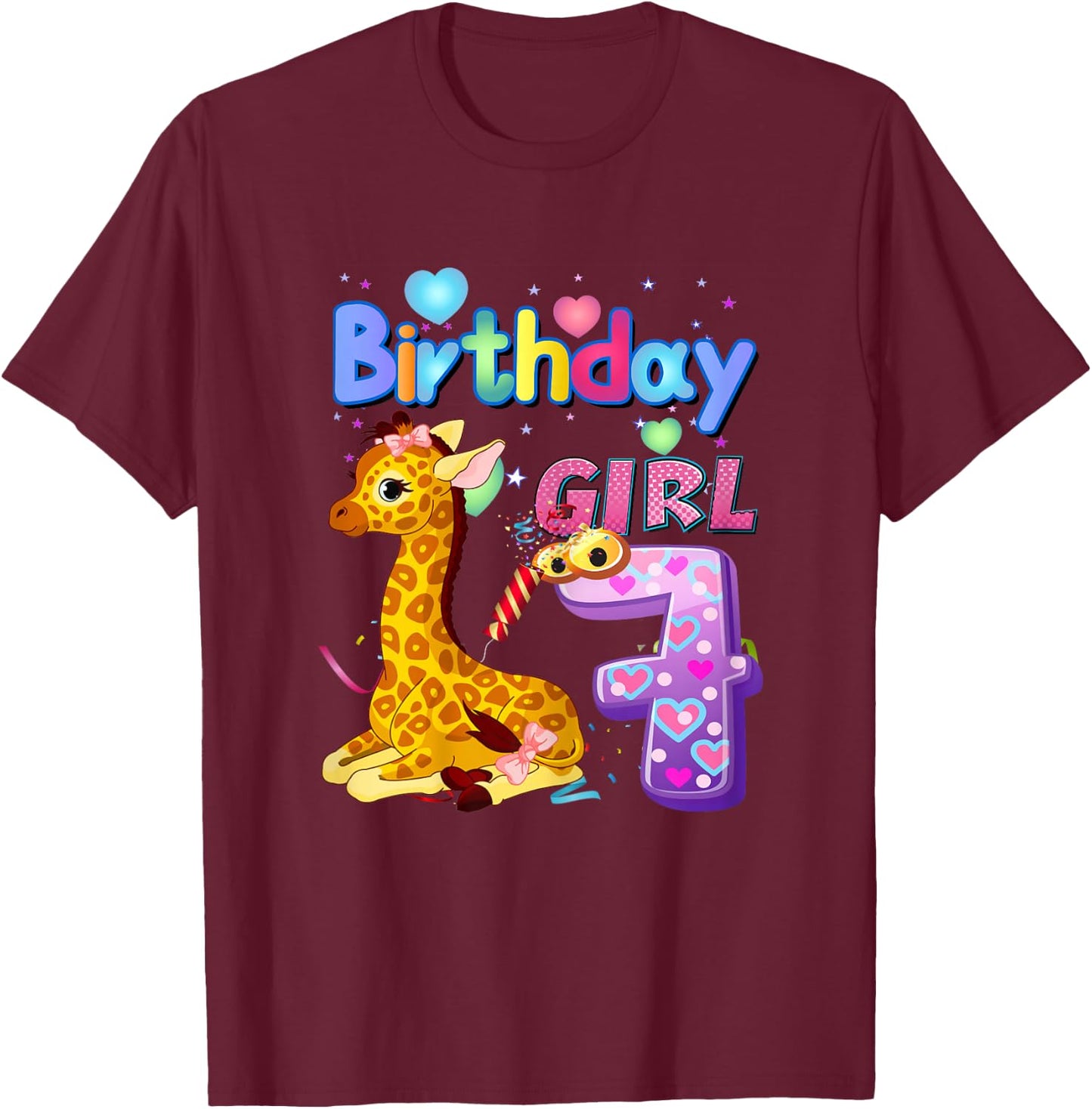 Giraffe Birthday For Girl 7th Giraffe Birthday 7 Year Old) T-Shirt - T-Shirt | Maroon