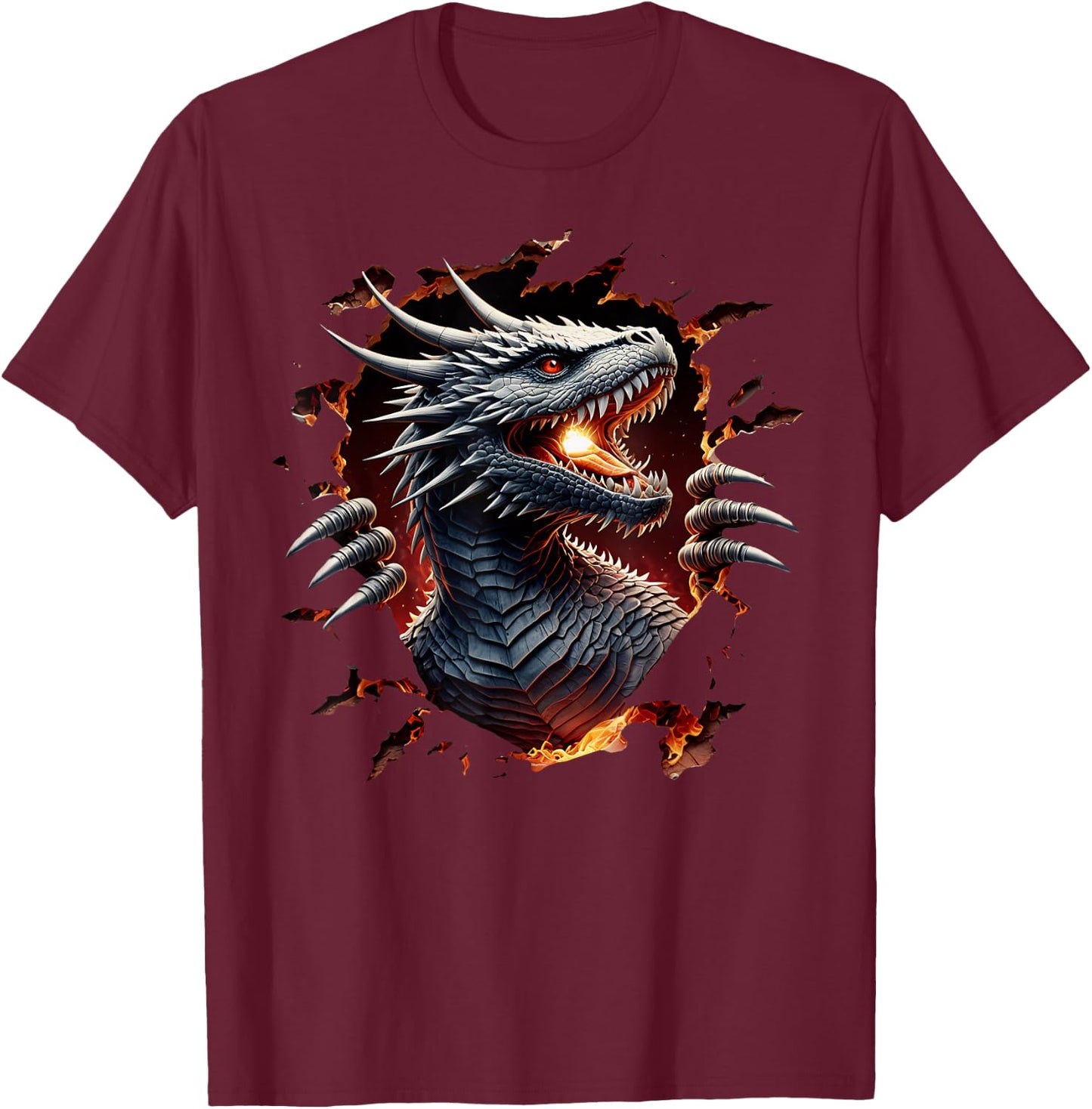 Fierce Black Dragon Burst , Black, S T-Shirt - T-Shirt | Maroon