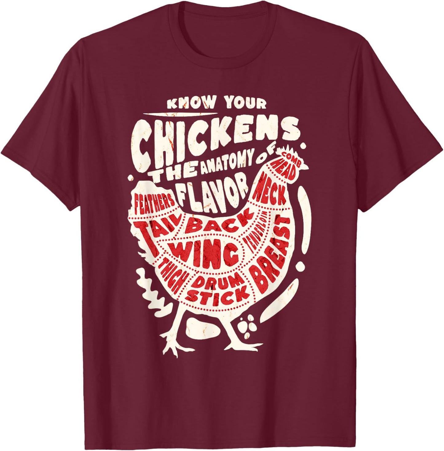 Know Your Chicken The Anatomy of Flavor Funny Rooster Design T-Shirt - T-Shirt | Maroon