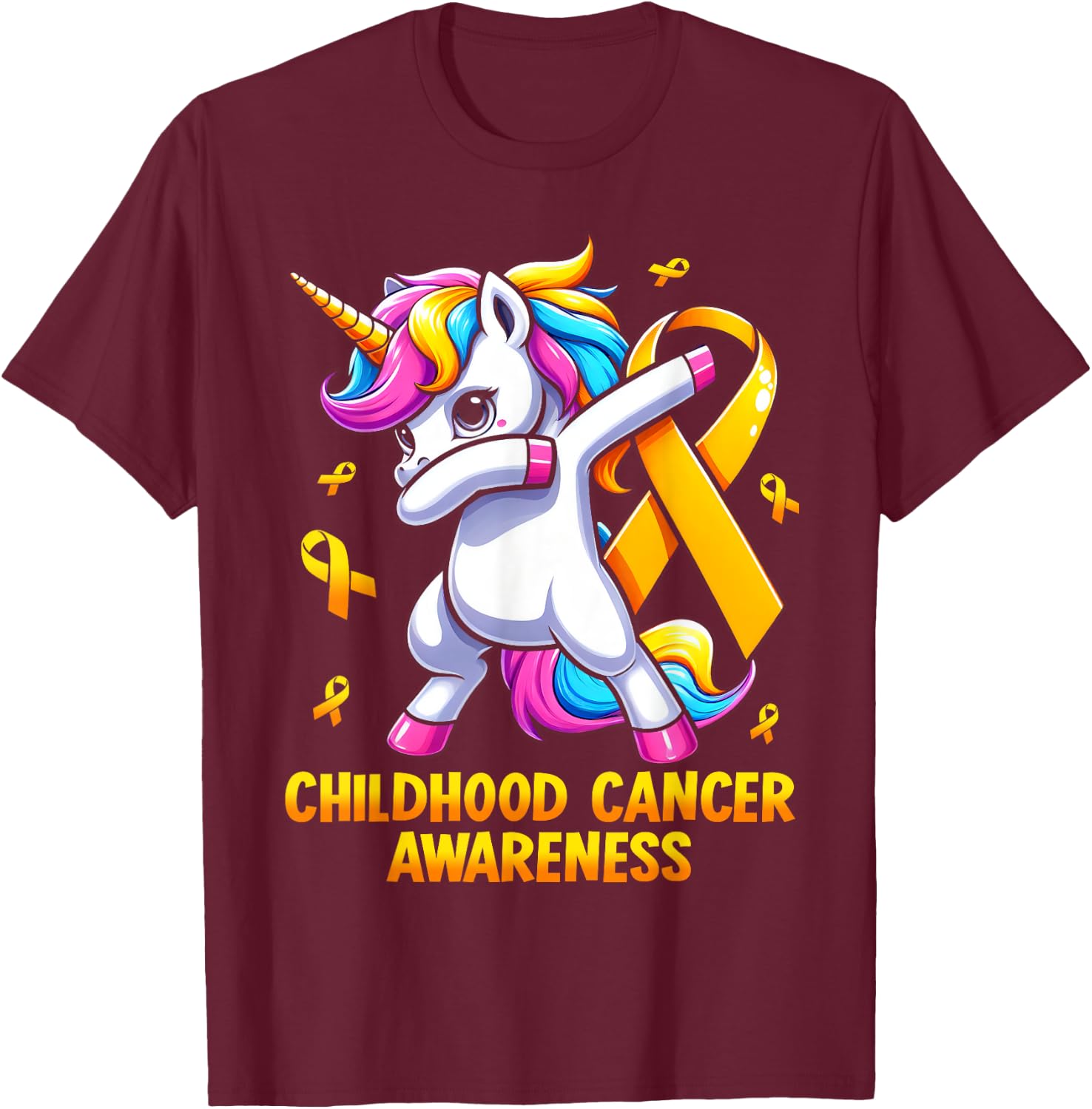 Unicorn Gold Ribbon Girls Childhood Cancer Awareness T-Shirt - T-Shirt | Maroon