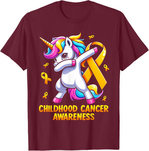 Unicorn Gold Ribbon Girls Childhood Cancer Awareness T-Shirt - T-Shirt | Maroon