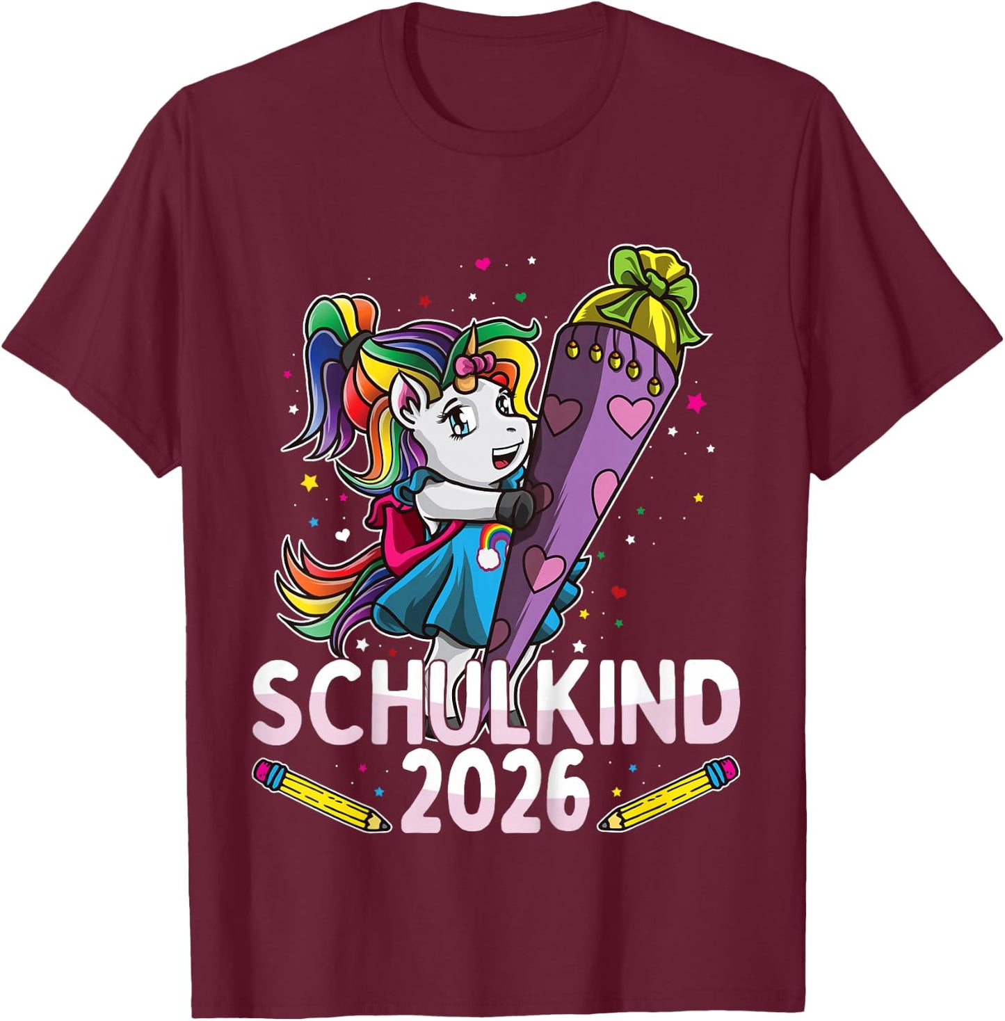 Einschulung Schulkind 2026 Einhorn Schultüte Lila Mädchen T-Shirt - T-Shirt | Maroon