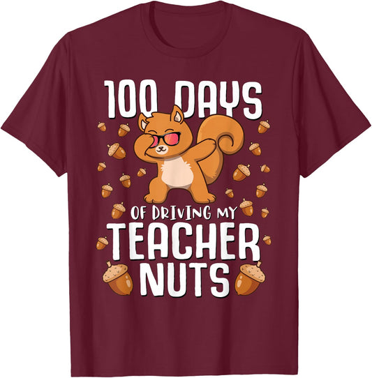 Boys 100 Days of Driving My Teacher Nuts Squirrel School T-Shirt - T-Shirt | Maroon