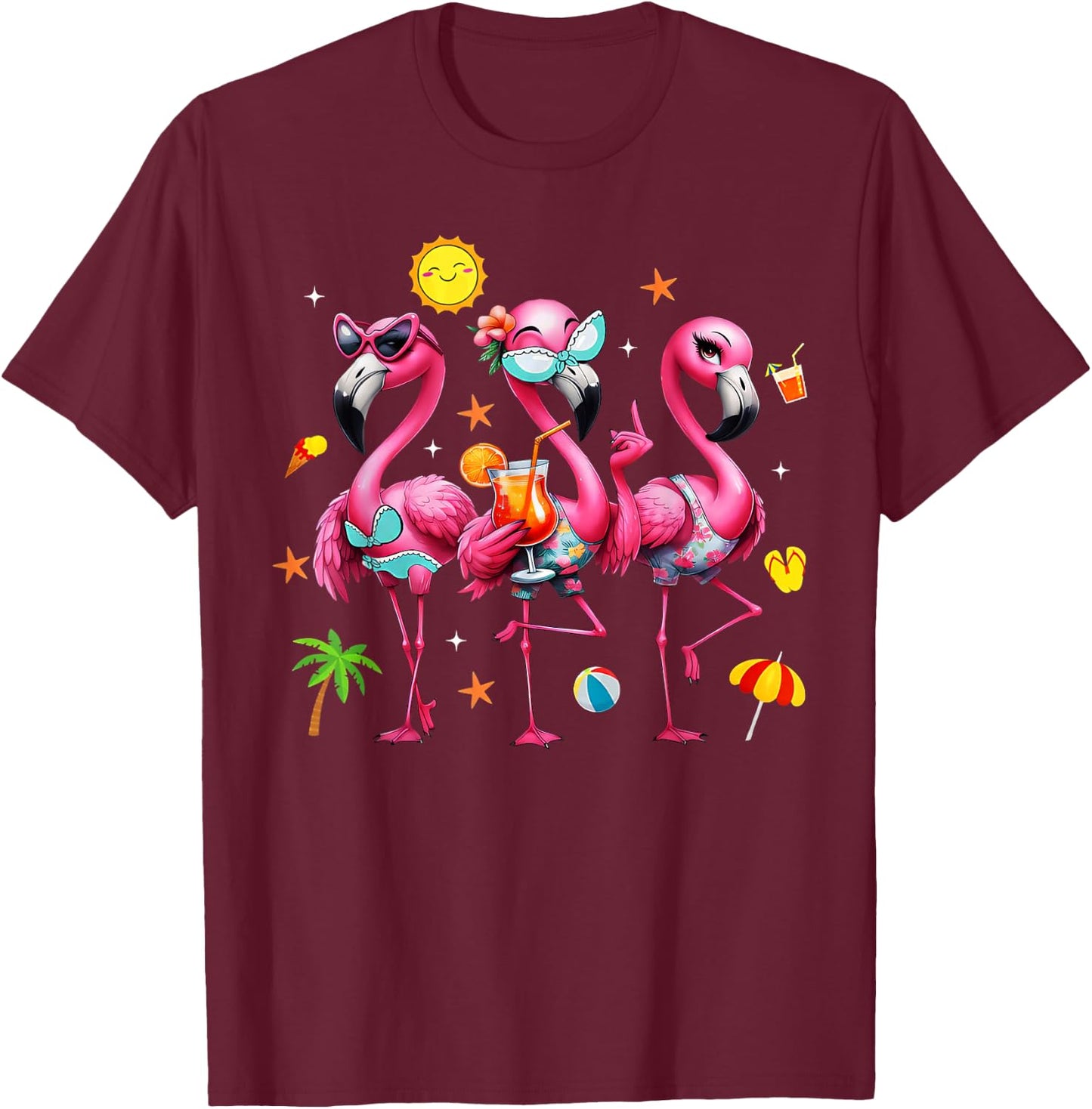 Flamingo Pink Palm Tree Tropical Beach Summer Vacation Women T-Shirt - T-Shirt | Maroon
