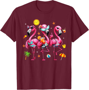 Flamingo Pink Palm Tree Tropical Beach Summer Vacation Women T-Shirt - T-Shirt | Maroon