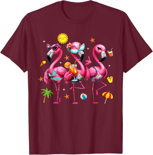 Flamingo Pink Palm Tree Tropical Beach Summer Vacation Women T-Shirt - T-Shirt | Maroon