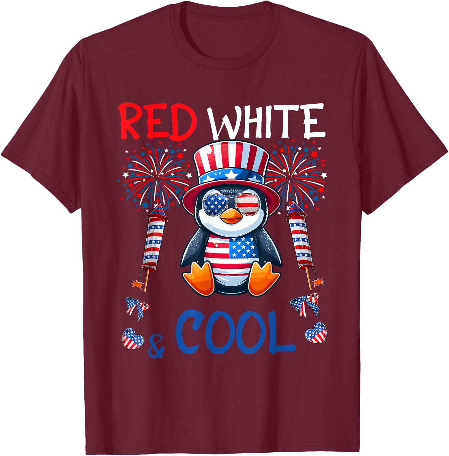 Red White And Cool Costume Penguin Sunglasses 4th July T-Shirt - T-Shirt | Maroon