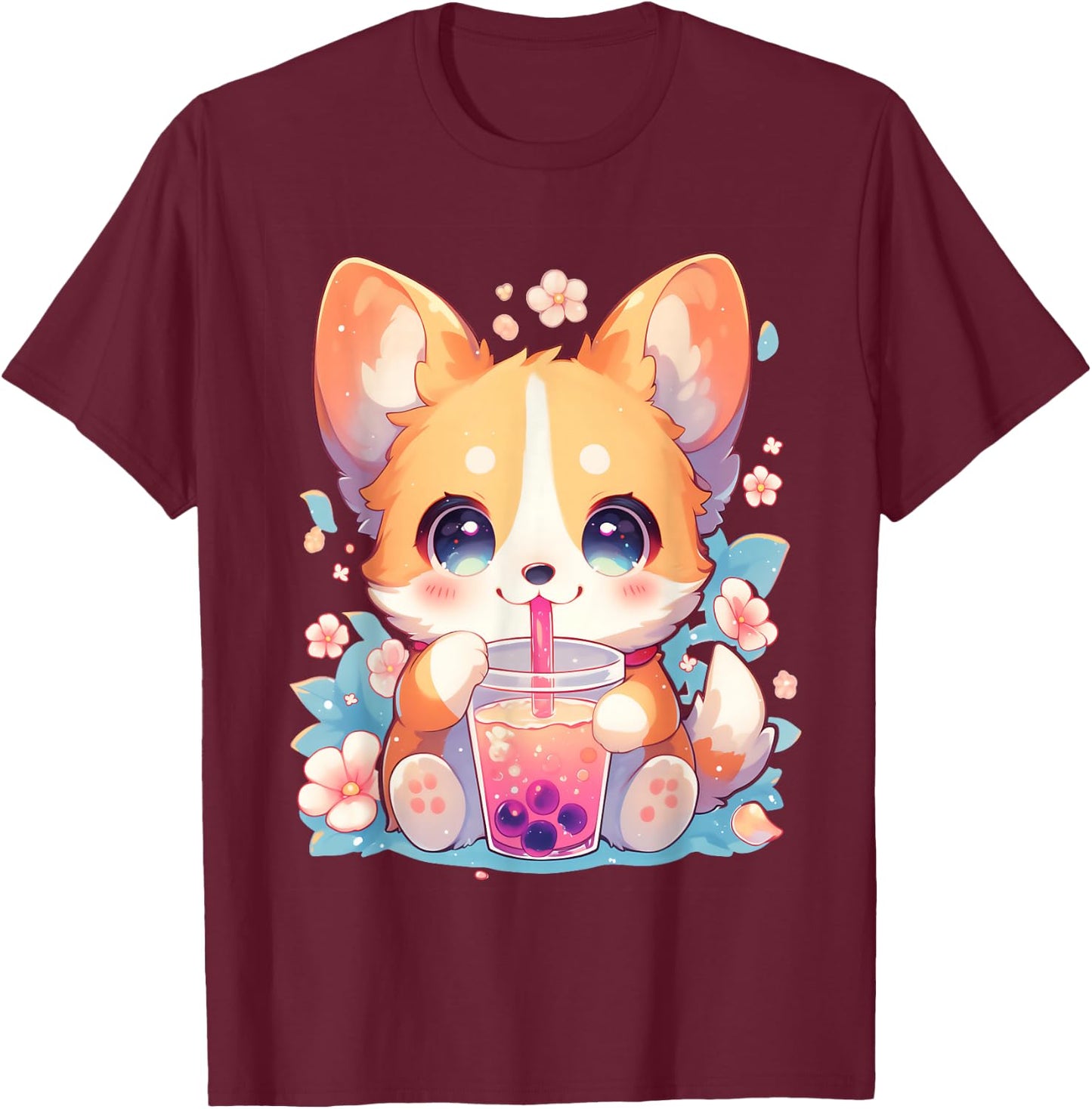 Boba Tea Bubble Tea Anime Kawaii Corgi Puppy T-Shirt - T-Shirt | Maroon